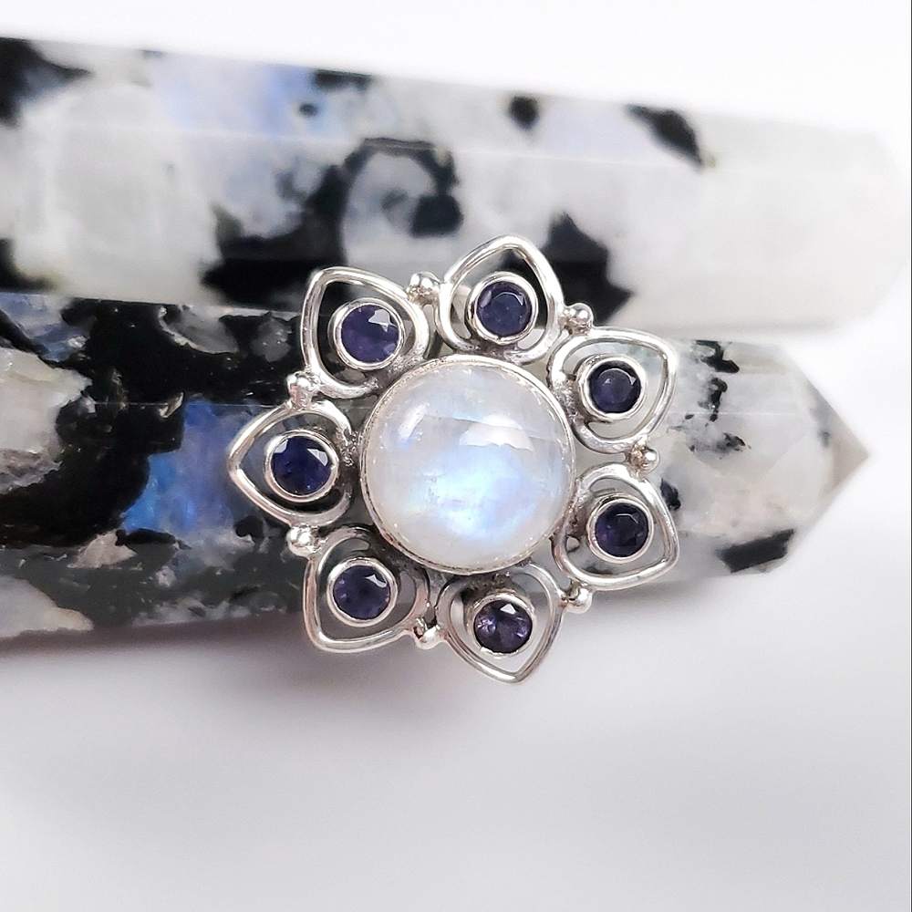 925 Sterling Silver Rainbow Moonstone and Iolite Flower Ring Size 7.5